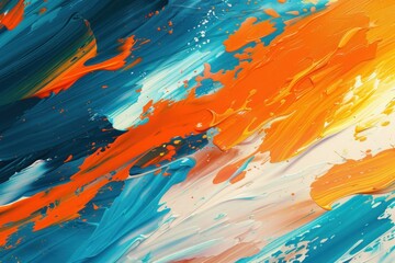 Vibrant turquoise and orange patterns form an energetic backdrop with bold brush strokes and soft lighting