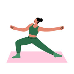 Fototapeta premium Yoga Fitness Illustration. Flat-style illustration of a girl doing Virabhadrasana (Warrior Pose) on a yoga mat. Perfect for wellness blogs, yoga studios, fitness guides, and meditation apps.