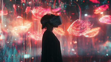 A person wearing VR glasses are exploring the meta world.