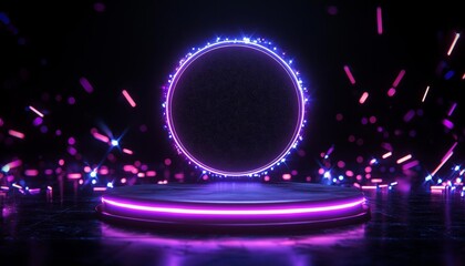 A podium surrounded by flashing lights and Black Friday sale signs, showcasing a state-of-the-art home entertainment system