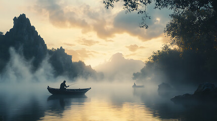 Fisherman casting a line into a misty lake, early morning. 