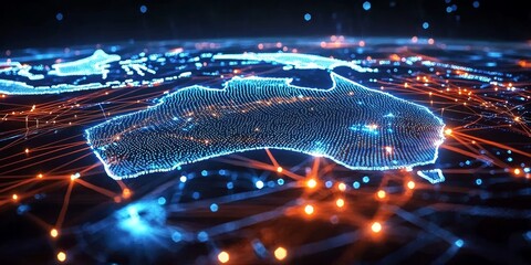 Blue abstract digital representation of Australia featuring intricate lines and dots.