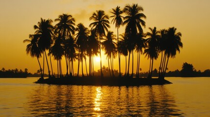 Obraz premium Silhouetted palm trees create a stunning contrast against a vibrant sunset, showcasing nature's beauty and tranquility in a serene atmosphere.