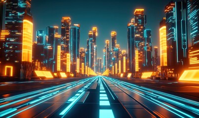 Fototapeta premium Futuristic city road at night with glowing buildings