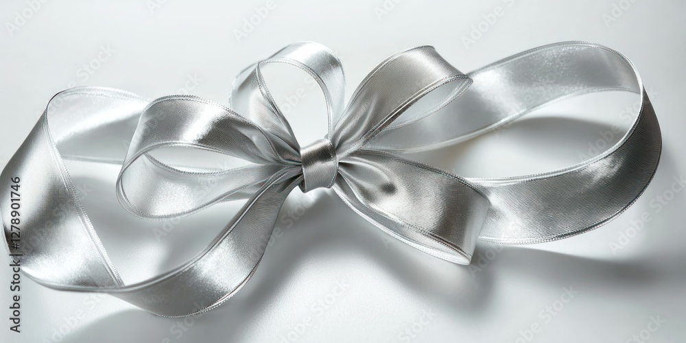 Poster a double-looped silver ribbon bow tied intricately, casting a soft shadow.