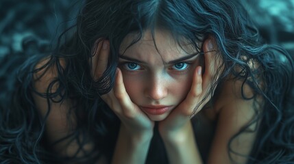 Naklejka premium A woman with blue eyes and dark hair holding her face in her hands, looking directly at the camera