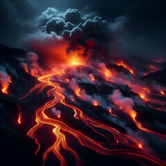 Erupting Volcano with Fiery Lava and Dark Smoke