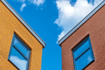 A closeup of the side profile of two modern office buildings with glass facades