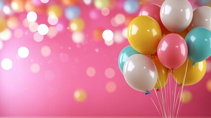 Colorful Balloons Floating Against Soft Pink Background with Bokeh Effect Creating Festive Atmosphere