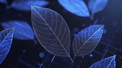 Blue leaves and veins over a dark abstract background illustration