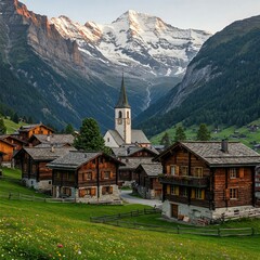 High in the Swiss Alps, This Village Features Quaint Wooden Chalets and a Stunning Church Steeple.