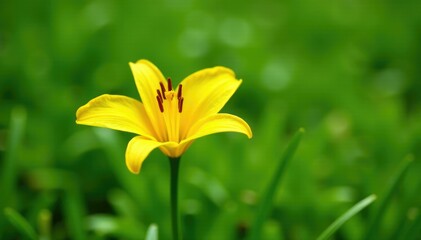 Obraz premium Single yellow lily flower isolated on green grass, petals, spring, blossoms