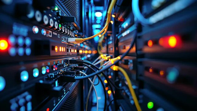 Server Room: Data center servers in a close-up perspective, showcasing the intricate network of cables, lights, and technology hardware, which conveys a sense of connectivity, processing.