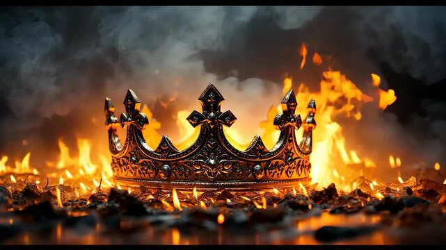 Royal Inferno: A majestic crown, ablaze amidst roaring flames and billowing smoke, symbolizing power, ambition, and the fires of conflict.