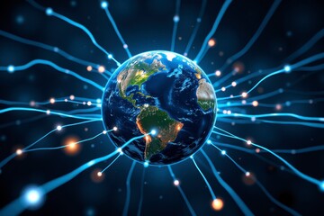 Obraz premium Global Network Connection Illuminated Earth with Digital Fiber Optic Lines