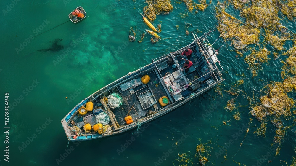 Poster a fishing boat using sustainable practices, with clean waters and fishermen handling their catch.