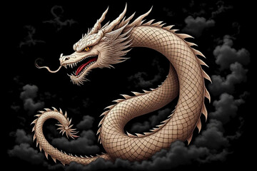 Fototapeta premium Powerful angry Japanese dragon colorful kid art for printing and decoration and other crate. objects, icon, concept, concept strong, long, tail, long tail, novel, snake, black, black background.