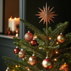 Fototapeta premium Christmas tree with ornaments and star topper