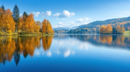 Obraz premium A serene landscape featuring trees mirrored in a tranquil lake, with majestic mountains rising beautifully in the background.