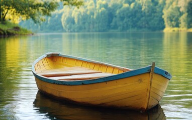 Obraz premium A small boat floats serenely on calm water, reflecting the peaceful surroundings and hinting at a tranquil day on the lake or river.