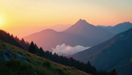 Obraz premium Soft golden light filters through misty veil on mountain peaks at dusk, serene scenery, golden light