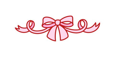 Coquette pink bow of ribbon. Beautiful holiday decorative element, festive gift decor. Cute bowknot. Vector isolated clip art
