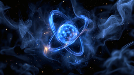 Obraz premium Ilustración digital de átomo azul con órbitas de energía en fondo negro