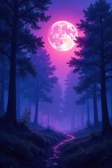 Fototapeta premium Softly glowing moonlight illuminates a misty forest with shades of blue purple pink, moonlight, softly, glowing