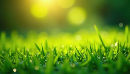 Obraz premium Softly lit green grass sparkles with dew drops under Honolulu's sunny sky, droplets, sunny