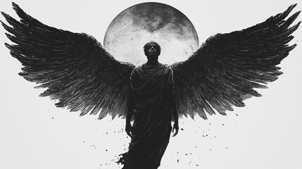 Dark Angel Figure With Wings And Moon. Mysterious, Dramatic Art.
