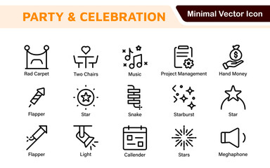 Celebration and Party Icons. Vector Icons for Birthdays, Holidays, Festivals, Fireworks, and Event Decorations