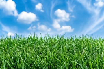 Beautiful panoramic natural landscape of a green field with grass against a blue sky with sun Spring summer blurred background