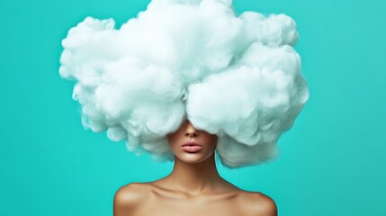 A model showcases a unique hair care concept by sporting a whimsical cloud-inspired hairstyle against a bright aqua background, emphasizing creativity in hair fashion