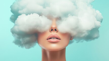 Fototapeta premium A woman's face is partially obscured by soft, fluffy clouds, representing the essence of hair care