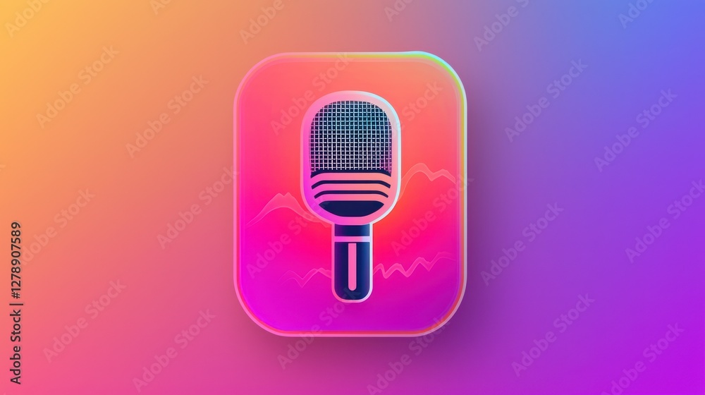 Poster a flat podcast icon with a microphone and sound waves, set on a vibrant gradient background.
