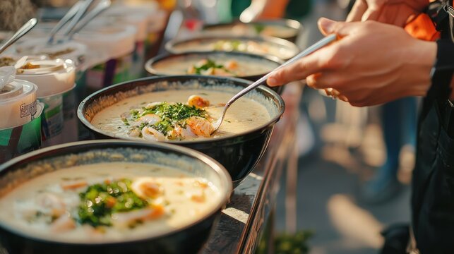 A food festival scene with seafood chowder being ladled into bowls for a line of eager attendees. 
