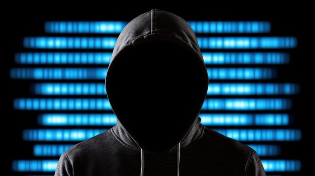 cyber security surveillance security policy concept. Mysterious figure in a hooded jacket against a backdrop of blue lights.