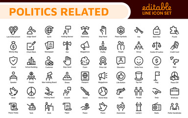 Politics Icon Set: A comprehensive collection of icons representing political themes, perfect for enhancing campaign materials, educational resources, and civic engagement initiatives.