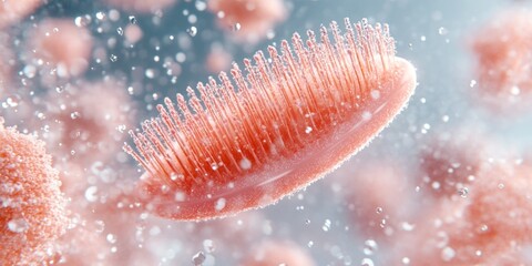 A unique hair care brush floats amidst delicate droplets, showcasing its design aimed at improving hair health and managing texture in a vibrant setting