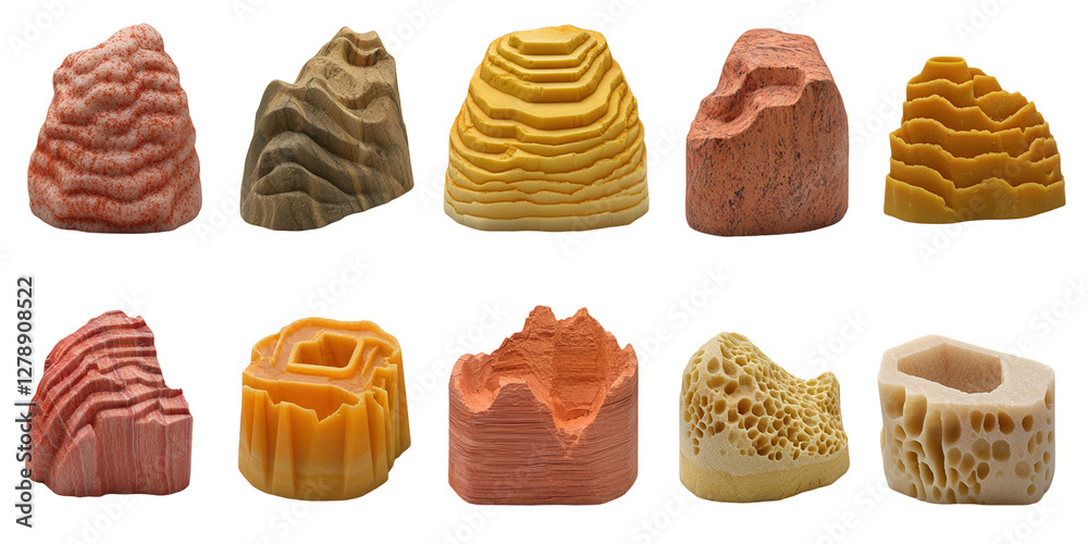 Wall mural Textured rock models geological display educational material studio setting close-up view transparent background