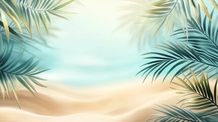 Tropical beach scene with palm leaves and ocean view.