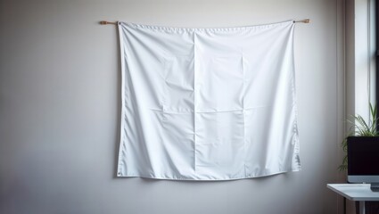 White Flag Mockup. White flag or poster mockup hanging on a gray wall in a bright room.