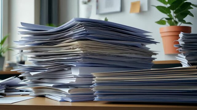 Overwhelmed: An imposing stack of paper dominates an office desk, a silent testament to the burdens of paperwork and administrative tasks, accompanied by a touch of greenery in the background.