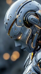 Fototapeta premium A close-up view of a futuristic robotic head showcasing intricate details.