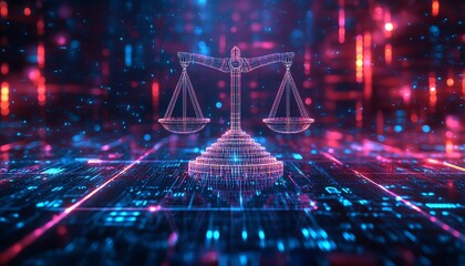 A futuristic digital courthouse icon with property law symbols, AIpowered legal verification, hightech holographic details, neon cyber glow, hyperdetailed, 8K ultraHD