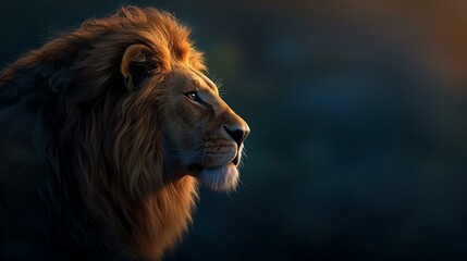 Obraz premium Majestic lion profile in a dramatic evening light, showcasing nature's beauty and strength.