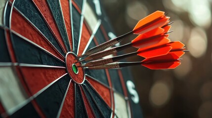 A dartboard with multiple arrows precisely hitting the center bullseye, showcasing the accuracy, skill, and competitive spirit of the game.