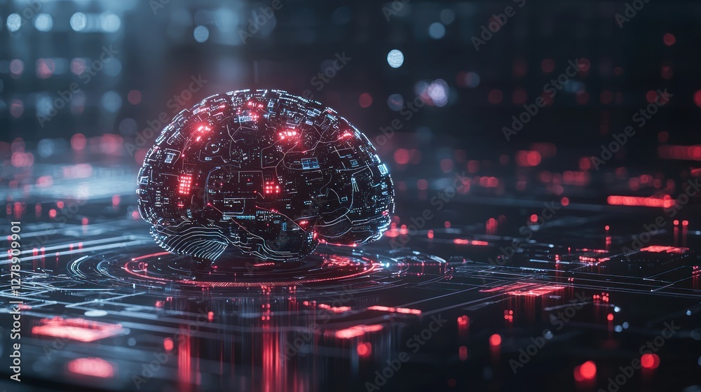 Poster A futuristic 3D brain connected to digital circuits, symbolizing artificial intelligence. 