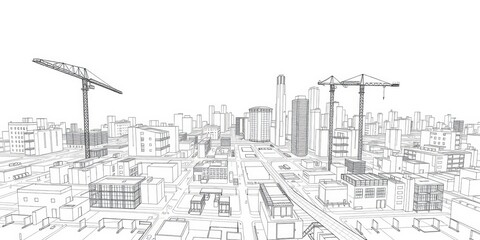 Fototapeta premium Vibrant Urban Cityscape Featuring Cranes Towering Over Modern Buildings Under Clear Blue Sky