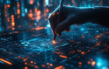 A person drawing futuristic ideas with a stylus on a hightech digital surface